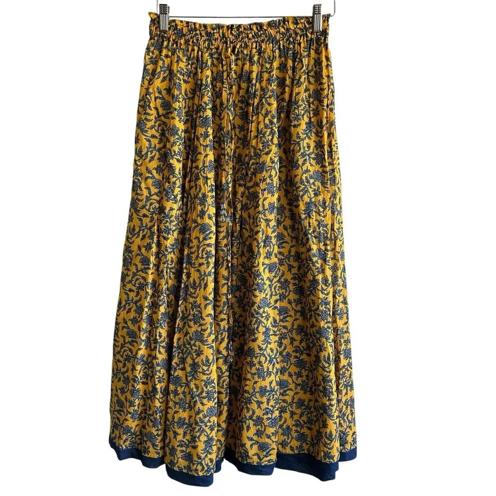 Zara Midi Skirt Sz S Floral Flowy Cotton Mustard Yellow India Boho Unlined